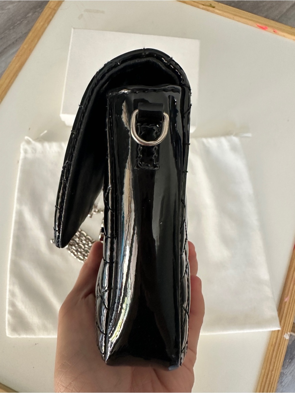 Dior Black Patent Quilted Crossbody with Silver Chain - Picture 8 of 9